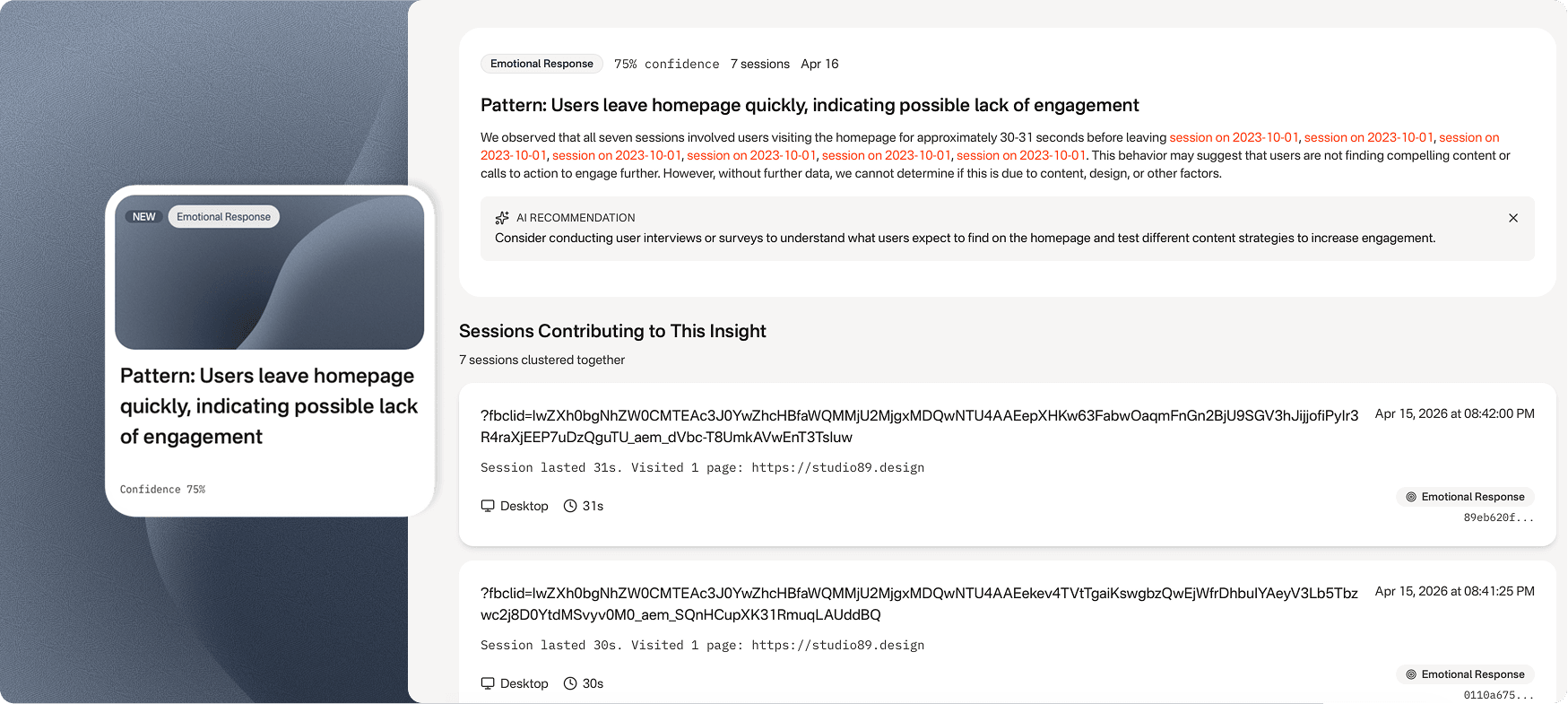 Insight layer with pattern details and contributing sessions