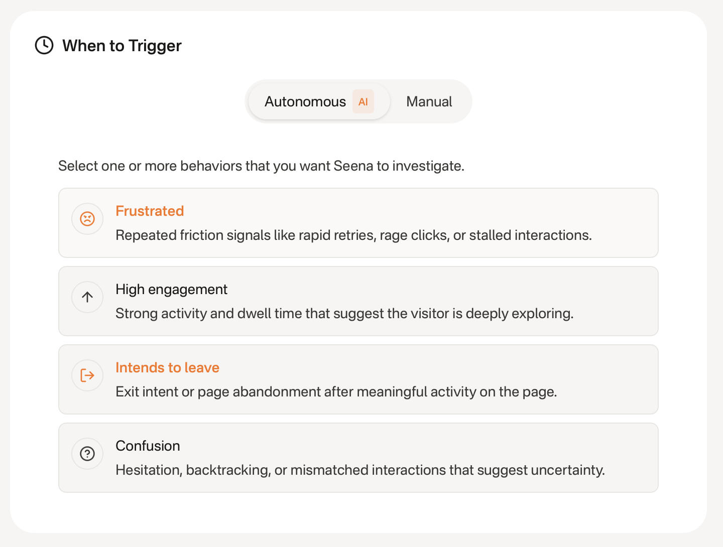 Behavior trigger selection in Seena, showing autonomous behaviors like frustration, high engagement, intent to leave, and confusion